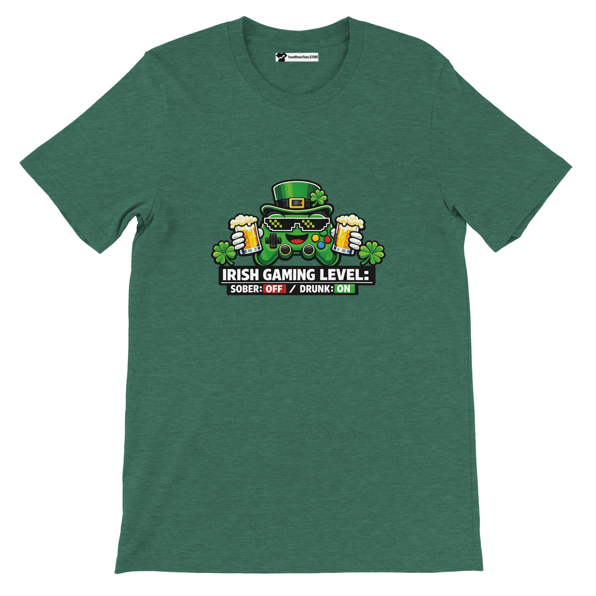 Green Irish gaming t-shirt with controller, beer, shamrocks, and 'Irish Gaming Level' text for St. Patrick's Day.