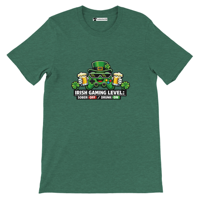 Green Irish gaming t-shirt with controller, beer, shamrocks, and 'Irish Gaming Level' text for St. Patrick's Day.