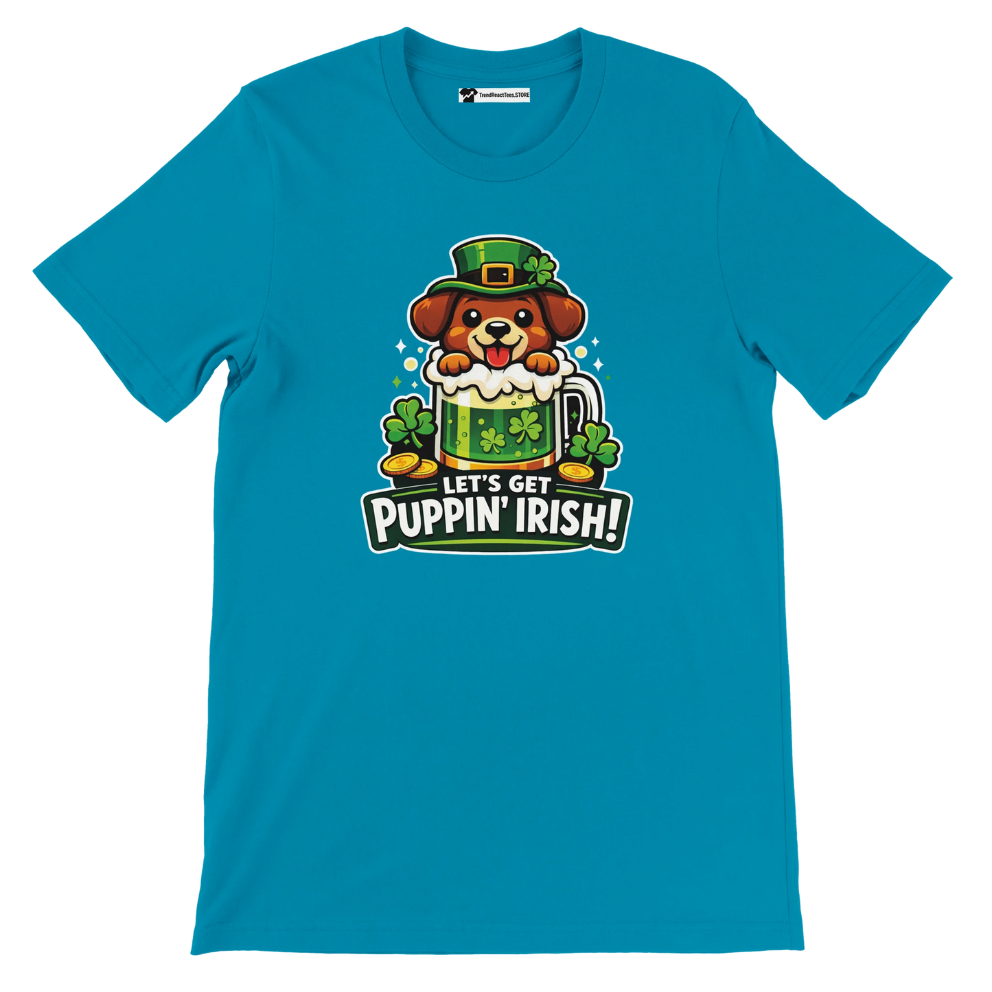 Teal shirt with cartoon dog in leprechaun hat, green beer mug, shamrocks, 'Let's Get Puppin' Irish' text