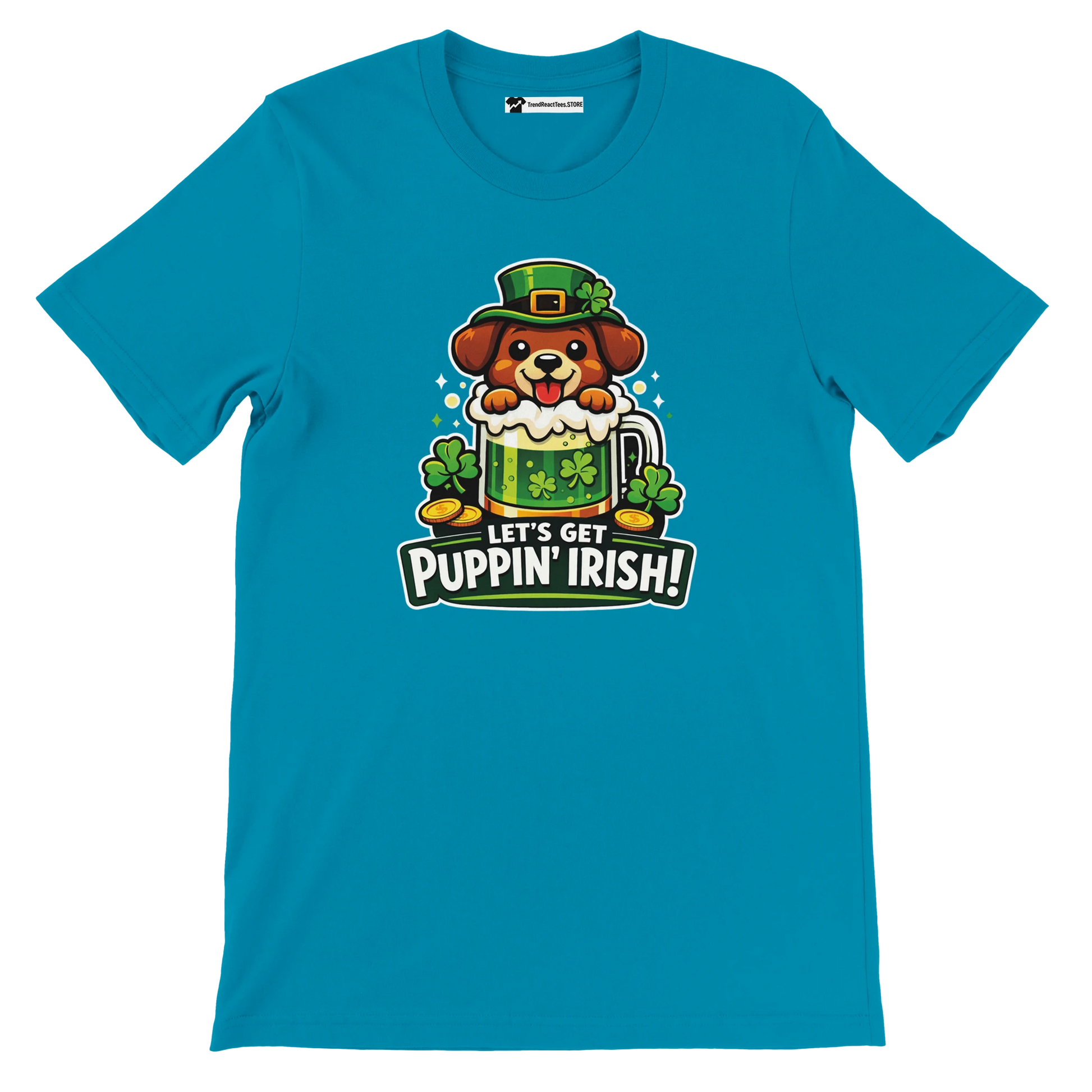 Teal shirt with cartoon dog in leprechaun hat, green beer mug, shamrocks, 'Let's Get Puppin' Irish' text