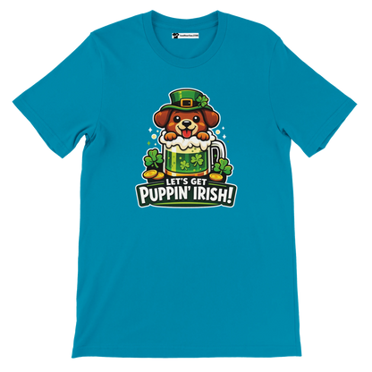 Teal shirt with cartoon dog in leprechaun hat, green beer mug, shamrocks, 'Let's Get Puppin' Irish' text