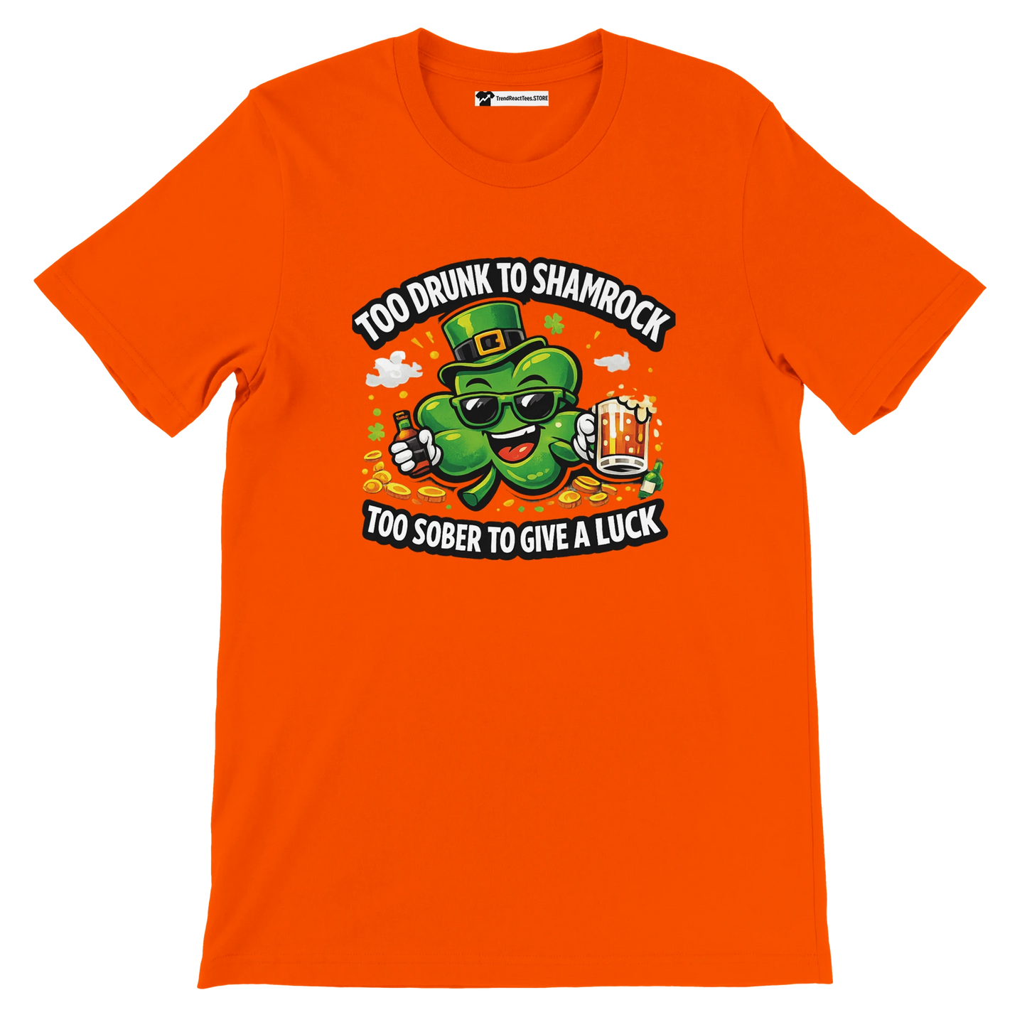Orange t-shirt with cartoon shamrock holding beer, St. Patrick's Day quote, festive design