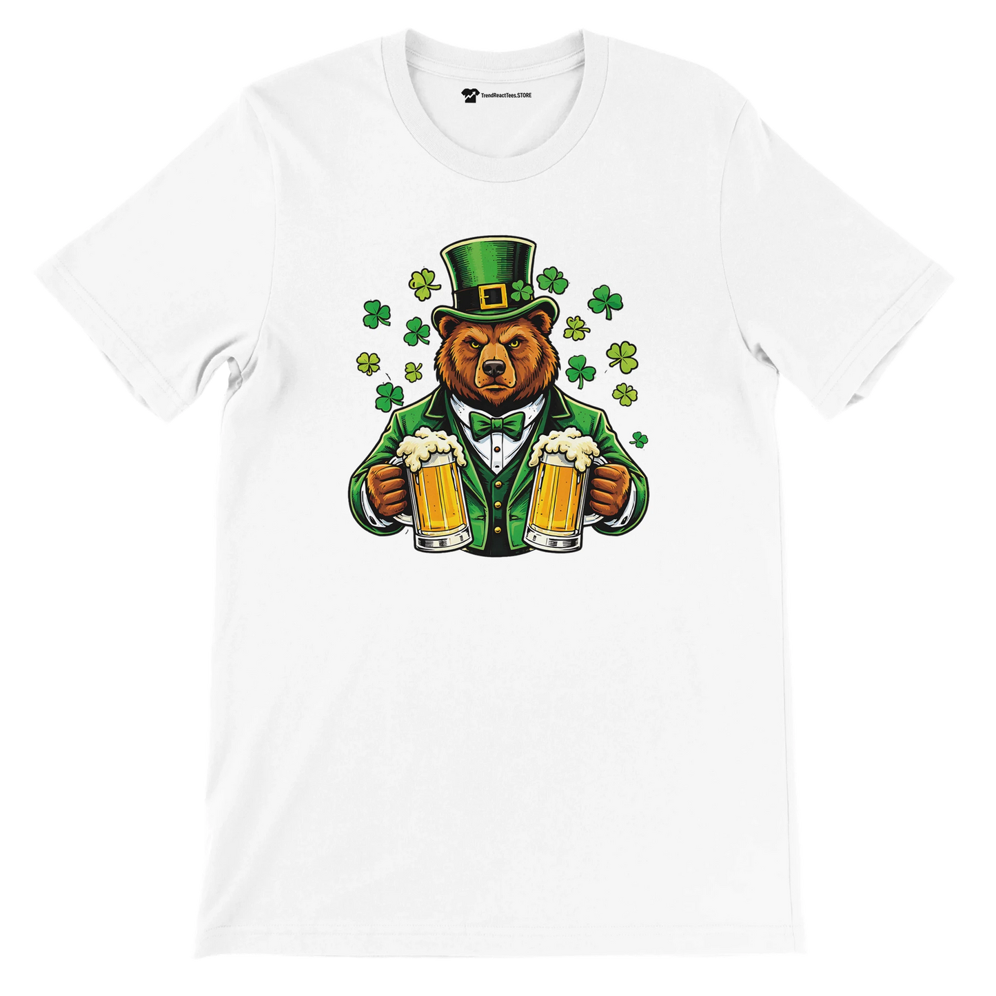 Bear in green St. Patrick's Day outfit holding beer mugs with shamrocks, festive holiday tee