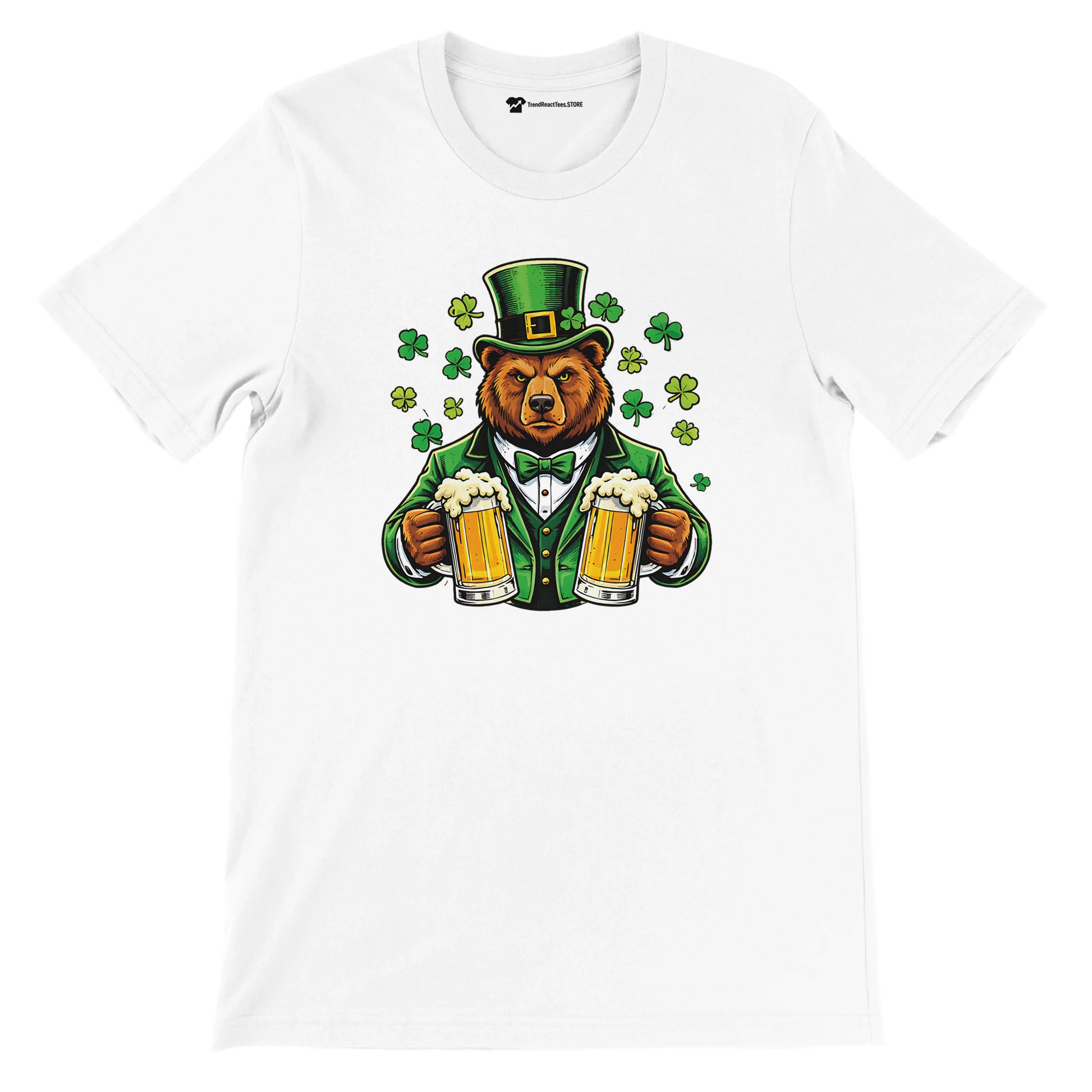 Bear in green St. Patrick's Day outfit holding beer mugs with shamrocks, festive holiday tee