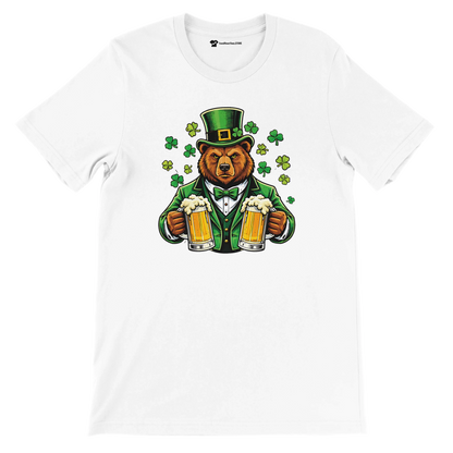 Bear in green St. Patrick's Day outfit holding beer mugs with shamrocks, festive holiday tee