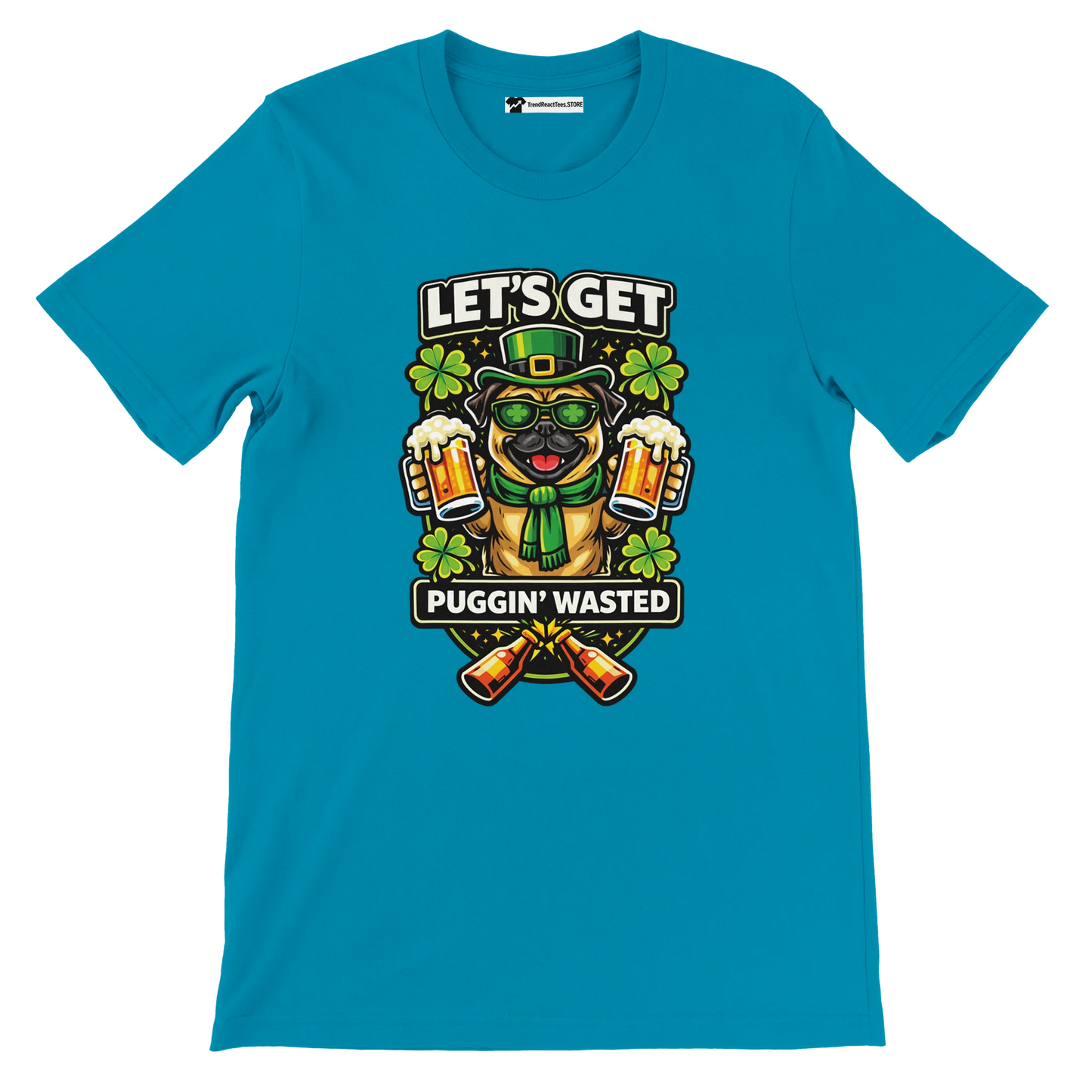 Teal T-shirt with a pug in green hat holding beer mugs, surrounded by shamrocks, St. Patrick’s Day theme.