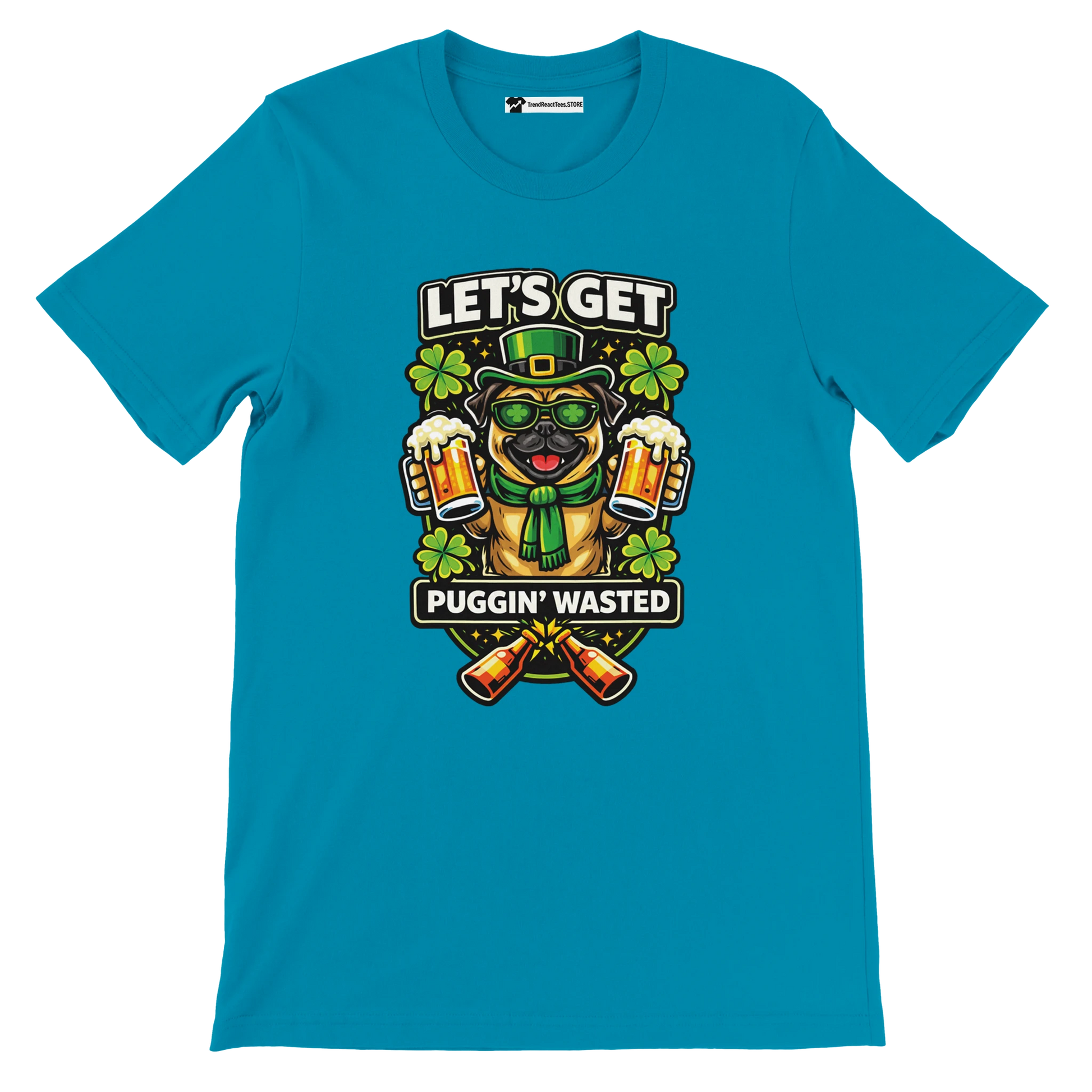 Teal T-shirt with a pug in green hat holding beer mugs, surrounded by shamrocks, St. Patrick’s Day theme.