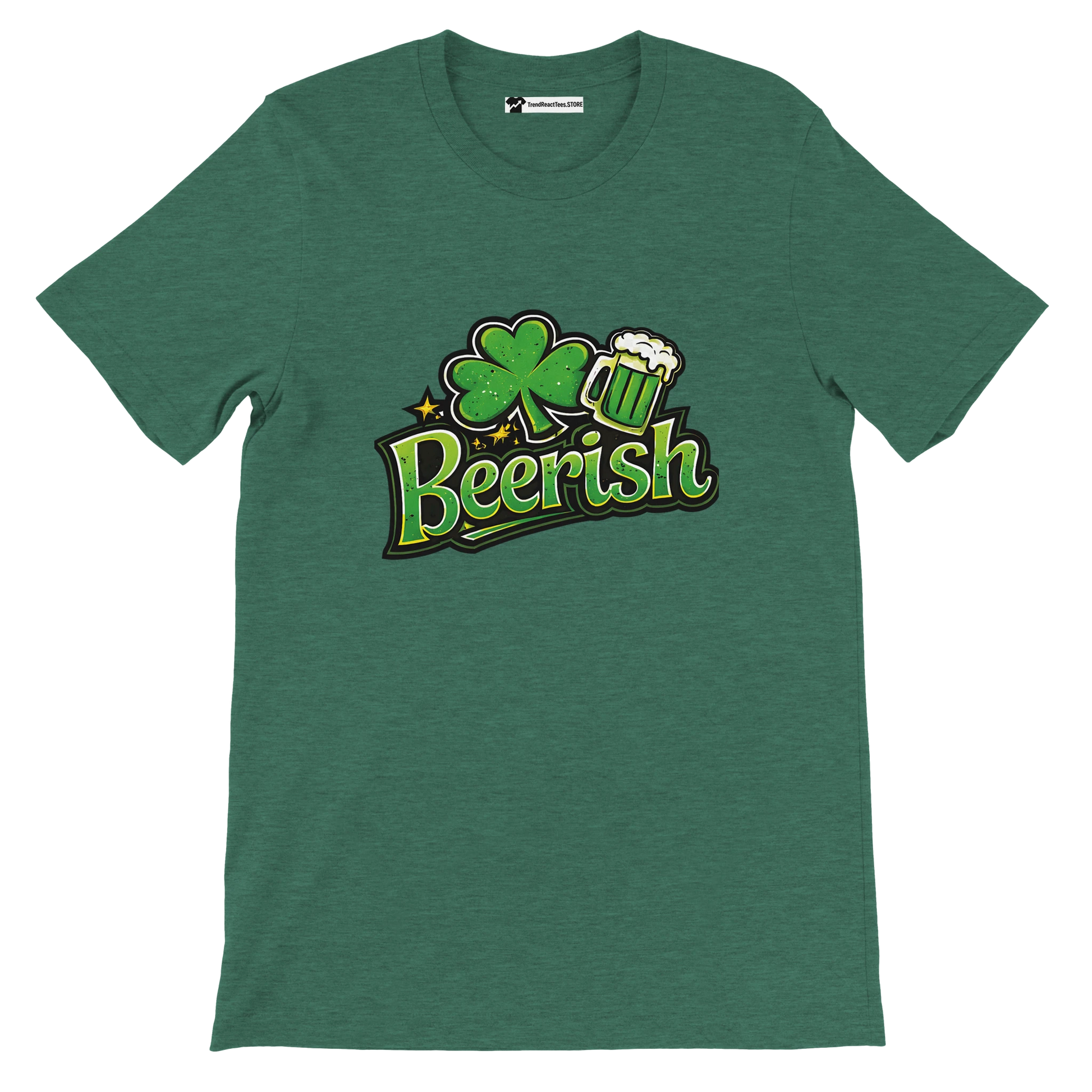Green t-shirt with 'Beerish' text, shamrock, and beer mug design for St. Patrick's Day