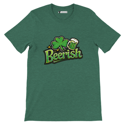 Green t-shirt with 'Beerish' text, shamrock, and beer mug design for St. Patrick's Day