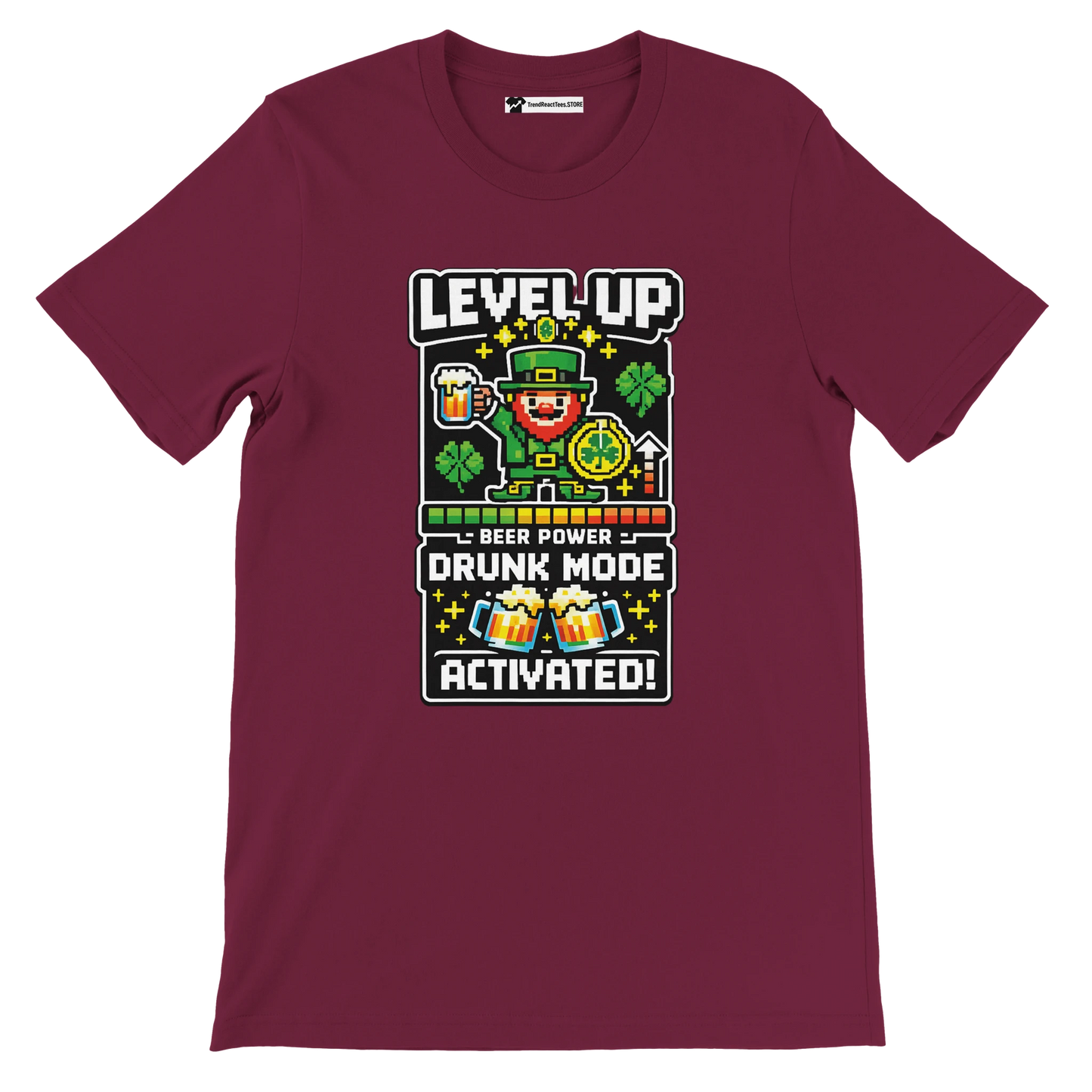 Maroon St. Patrick's Day tee with pixel leprechaun, beer, shamrocks, 'Level Up Drunk Mode Activated' graphic