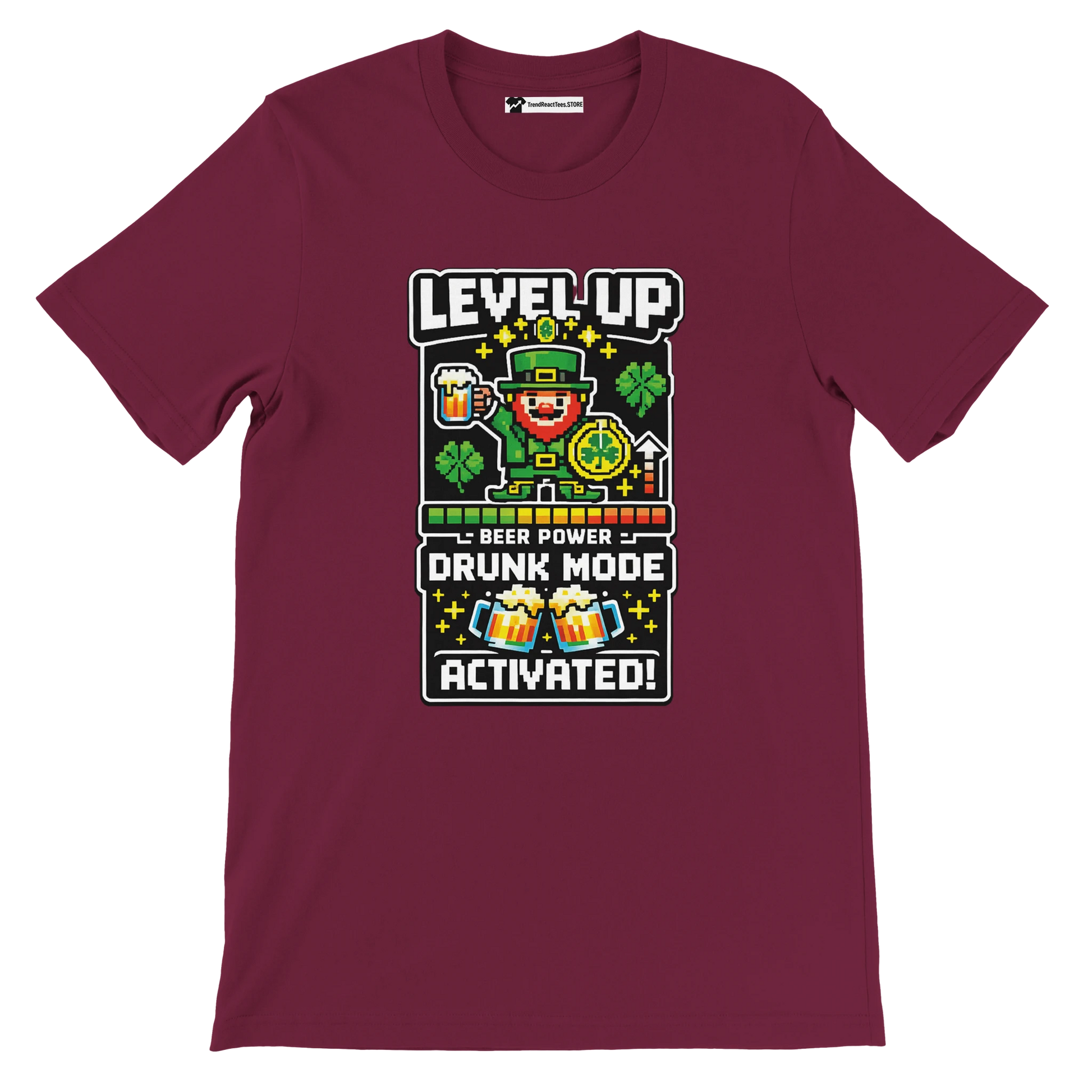 Maroon St. Patrick's Day tee with pixel leprechaun, beer, shamrocks, 'Level Up Drunk Mode Activated' graphic