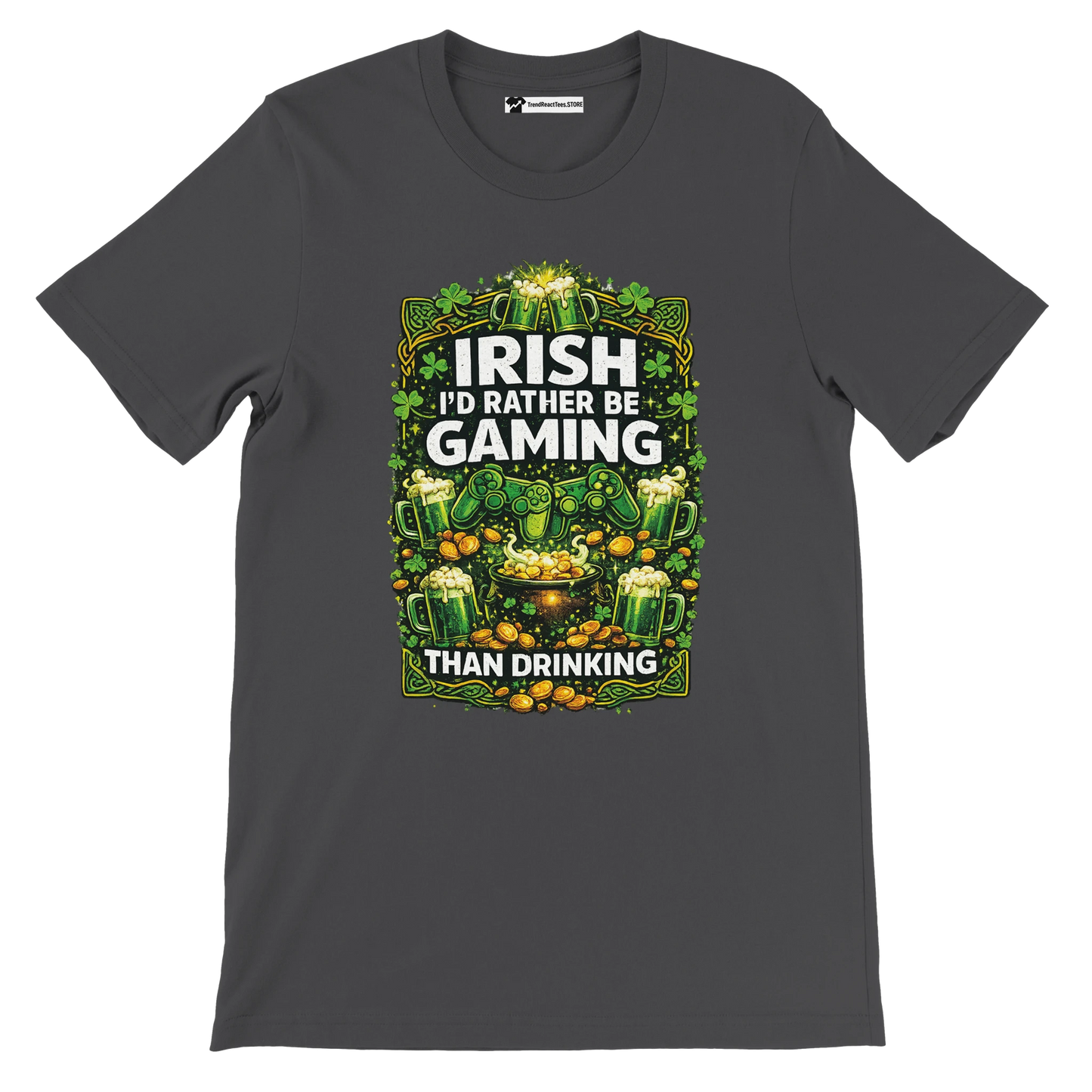 Irish gaming tee with shamrocks, beer mugs, gold coins, and controllers for St. Patrick's Day