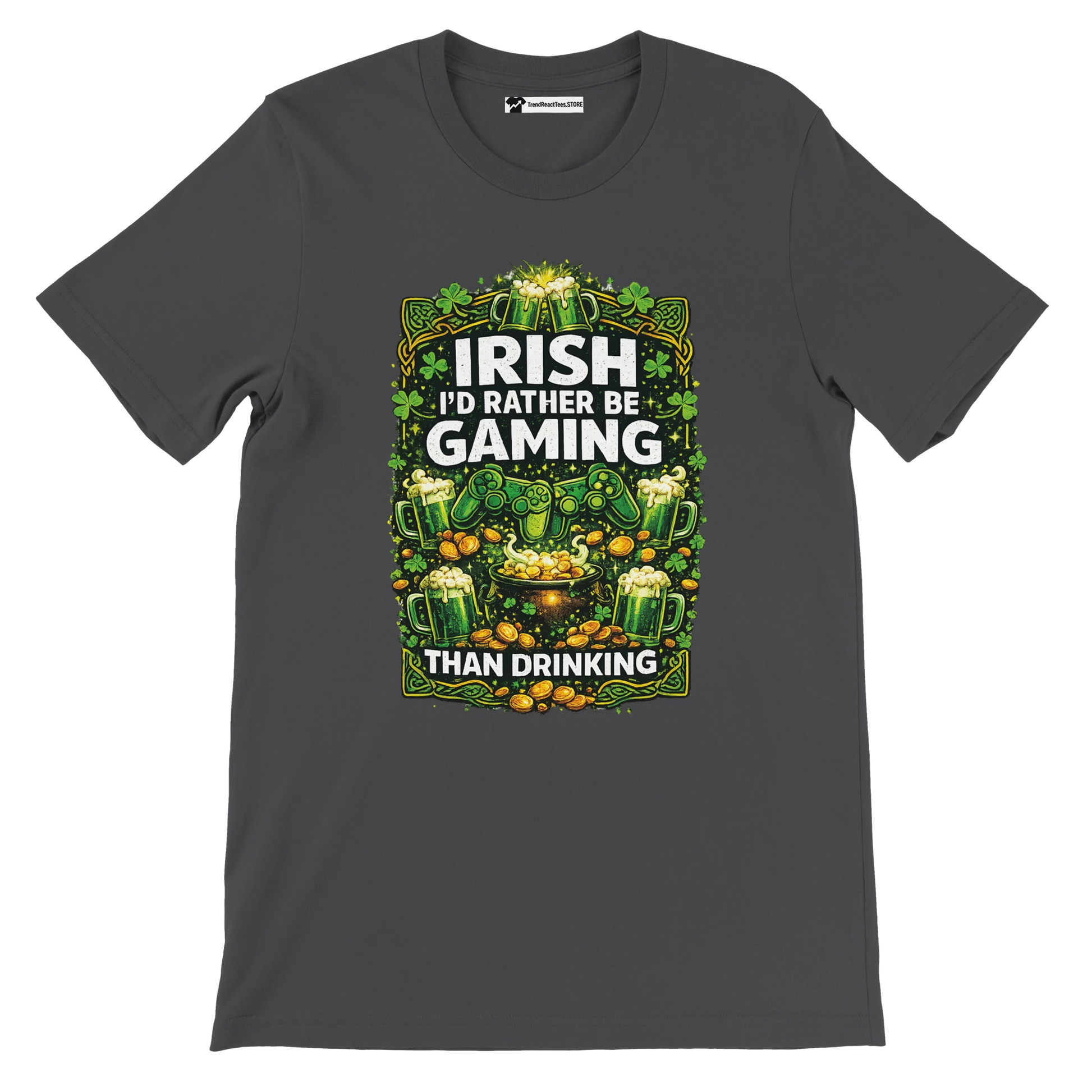 Irish gaming tee with shamrocks, beer mugs, gold coins, and controllers for St. Patrick's Day