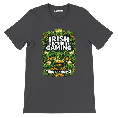 Irish gaming tee with shamrocks, beer mugs, gold coins, and controllers for St. Patrick's Day
