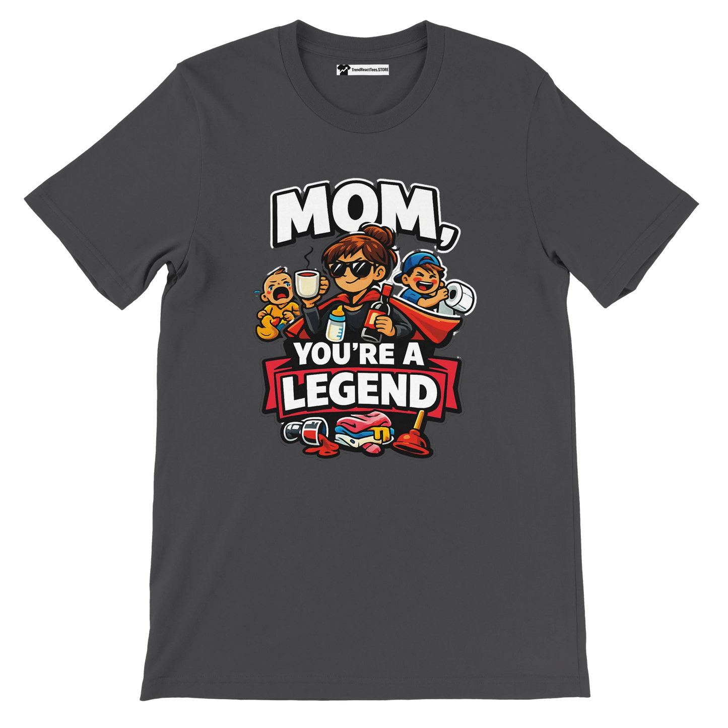 Dark graphic tee with cartoon mom, two kids, coffee, and text 'Mom, You're a Legend'.