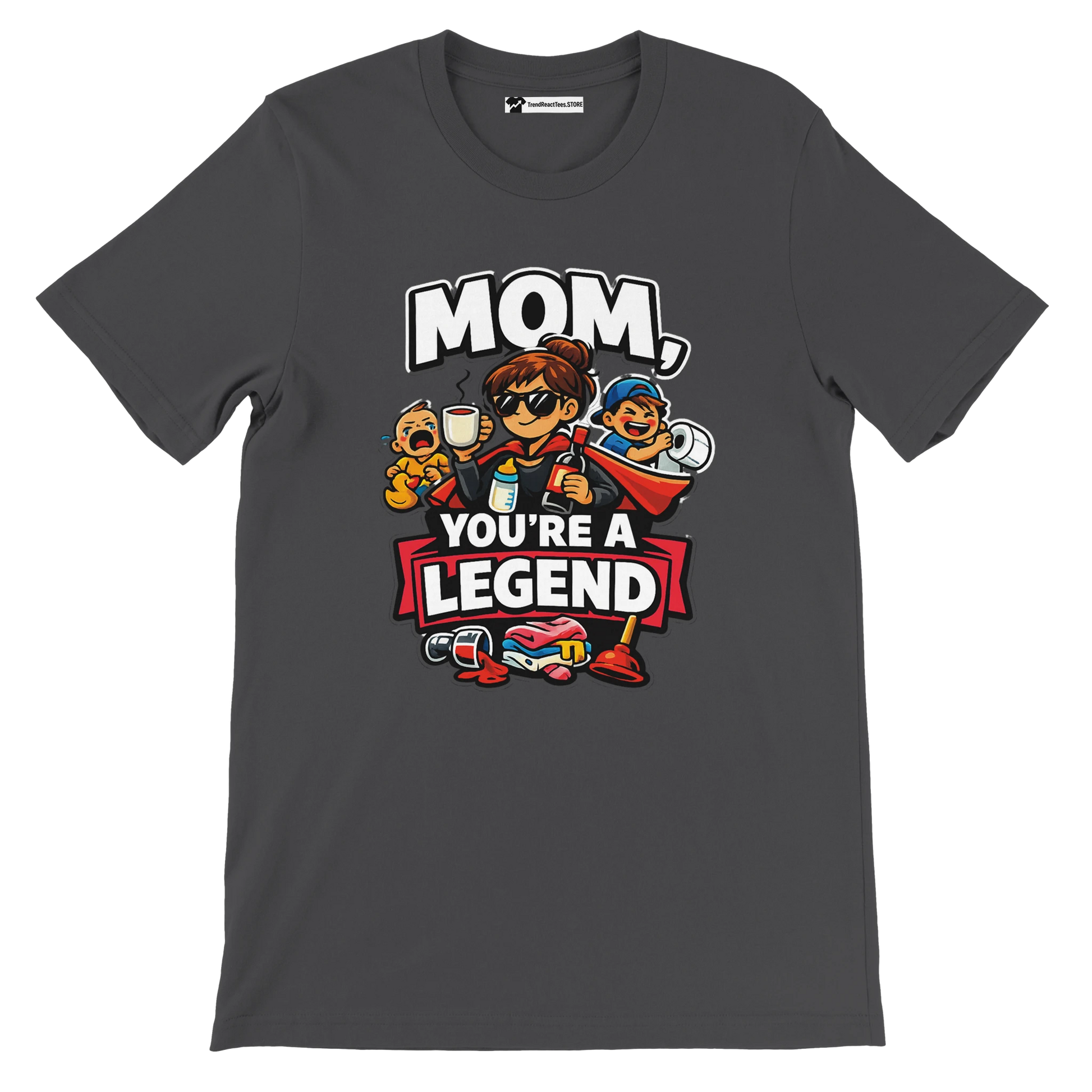 Dark graphic tee with cartoon mom, two kids, coffee, and text 'Mom, You're a Legend'.