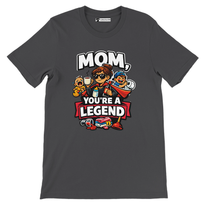 Dark graphic tee with cartoon mom, two kids, coffee, and text 'Mom, You're a Legend'.