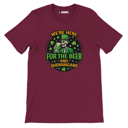 Maroon t-shirt with cartoon skeleton leprechaun, shamrocks, and 'For the Beer and Shenanigans' slogan