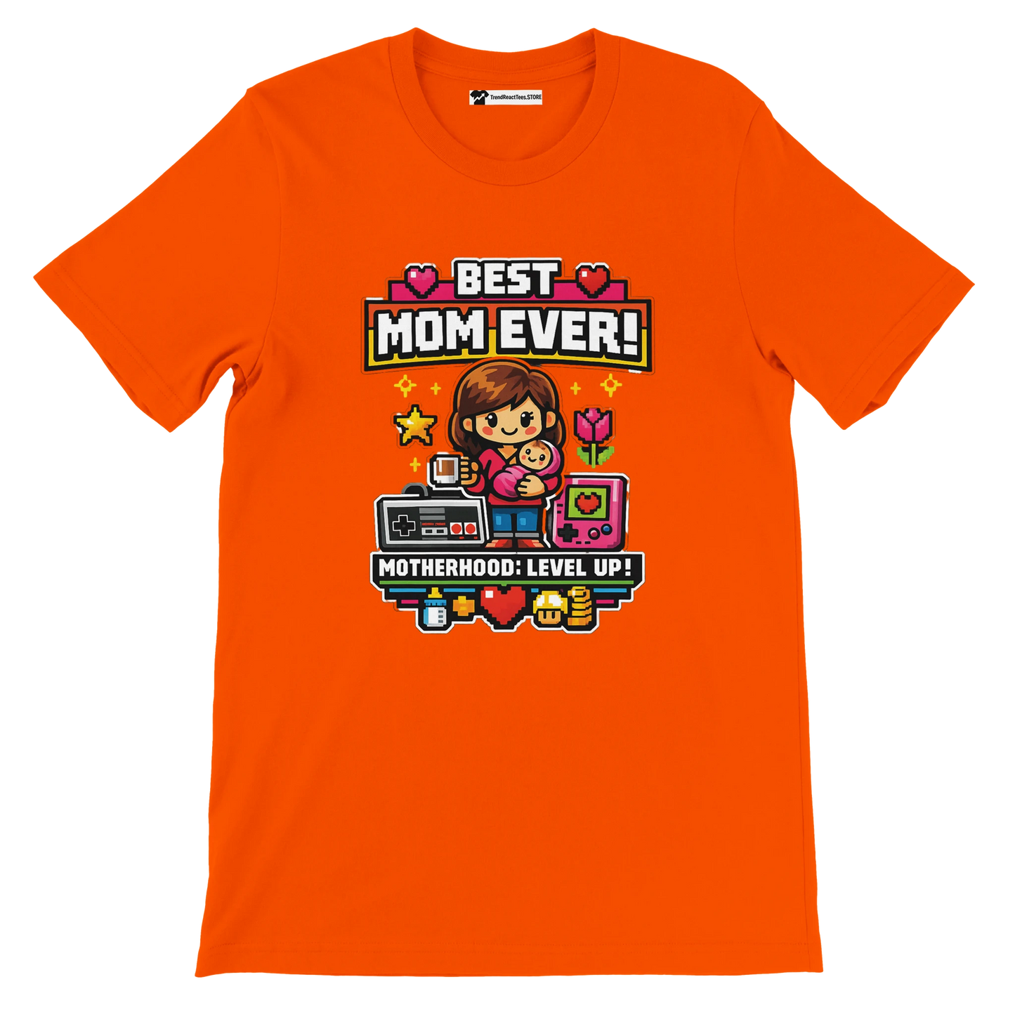 Orange tee with pixel art mom holding child, retro game icons, text 'Best Mom Ever! Motherhood: Level Up!'.