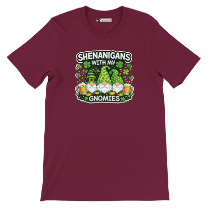 Shenanigans with My Gnomies St. Patrick's Day tee featuring gnomes, beer, and shamrocks on maroon shirt