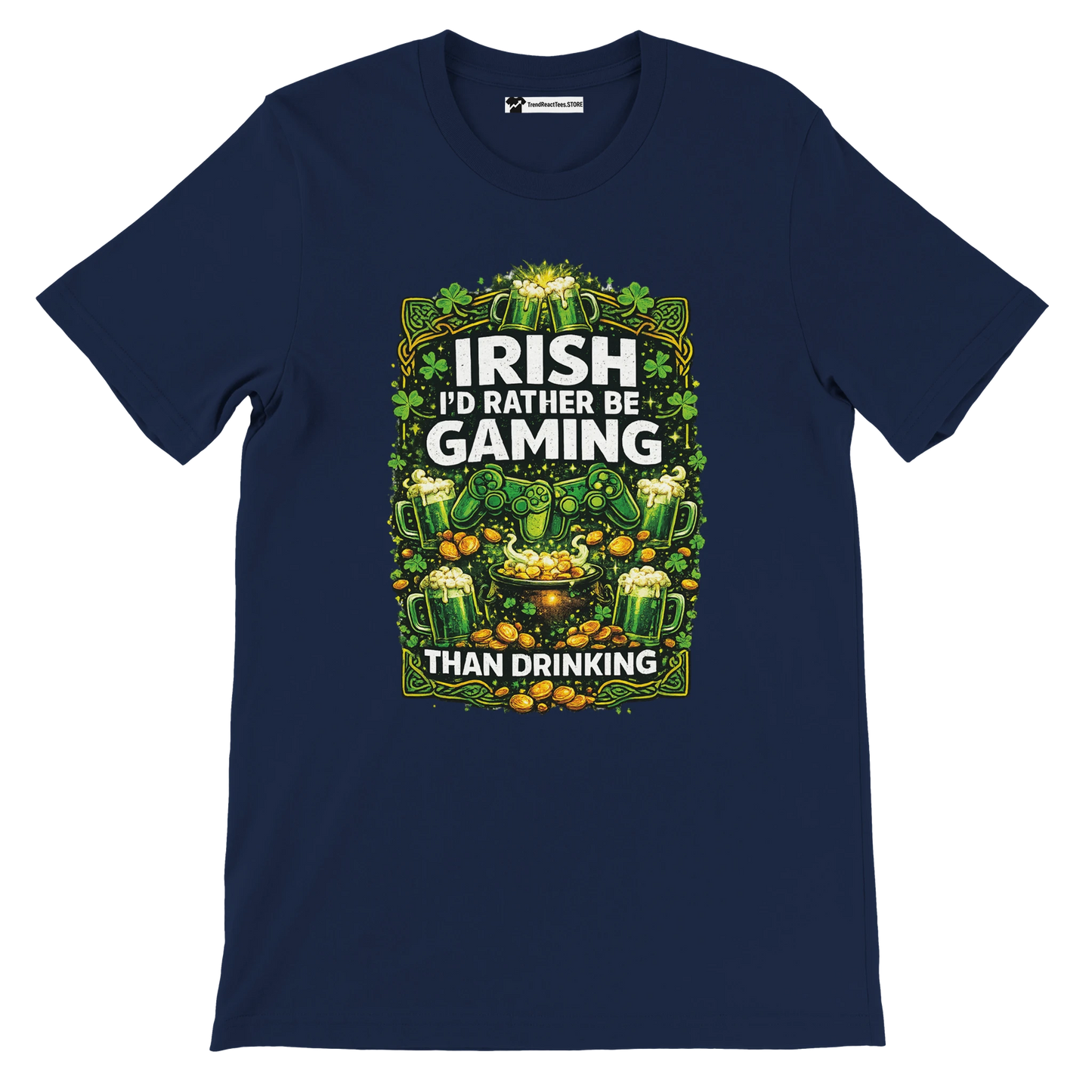 Irish gaming tee with shamrocks, beer mugs, and controllers for St. Patrick's Day