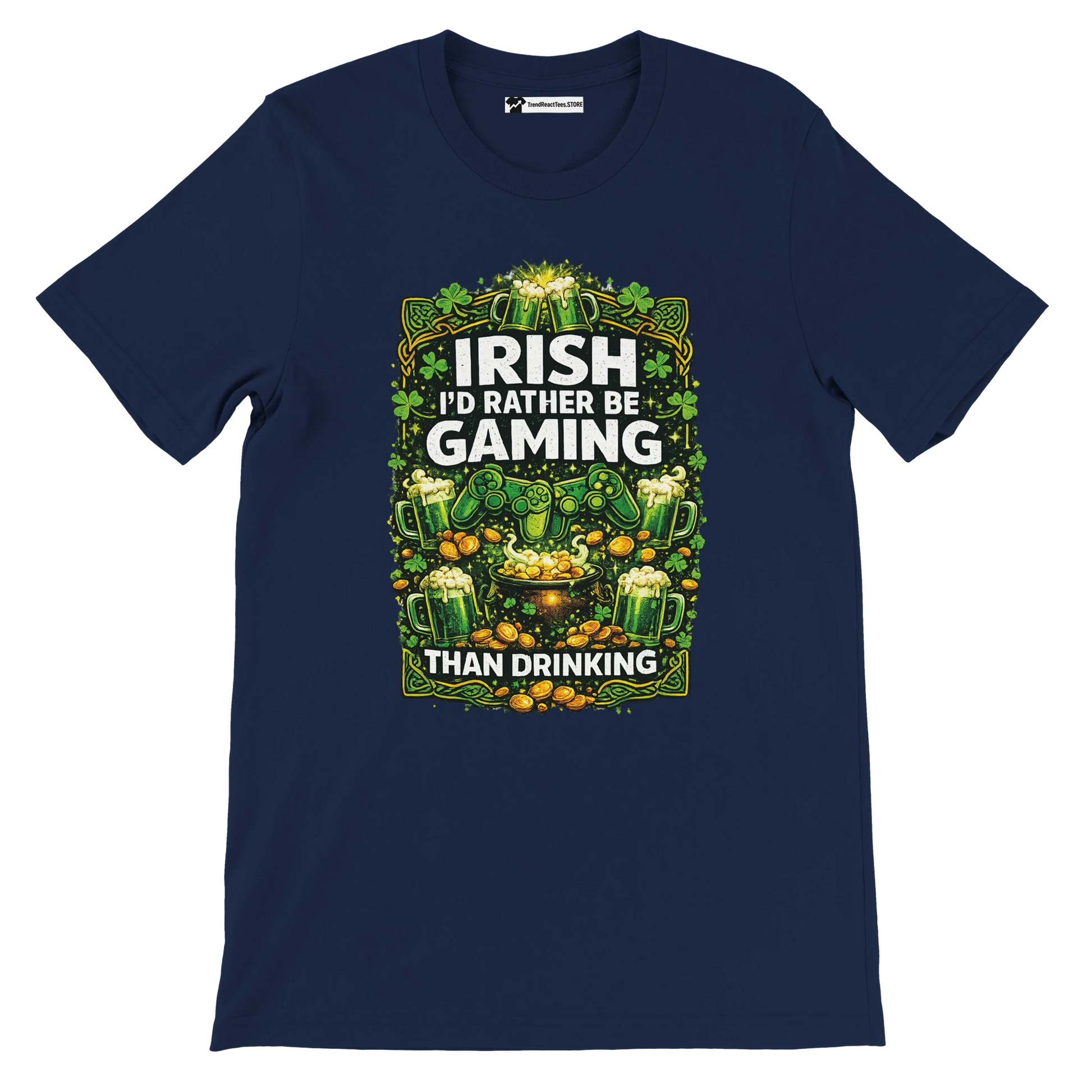 Irish gaming tee with shamrocks, beer mugs, and controllers for St. Patrick's Day