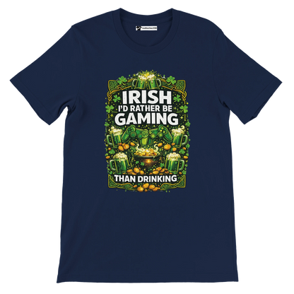 Irish gaming tee with shamrocks, beer mugs, and controllers for St. Patrick's Day