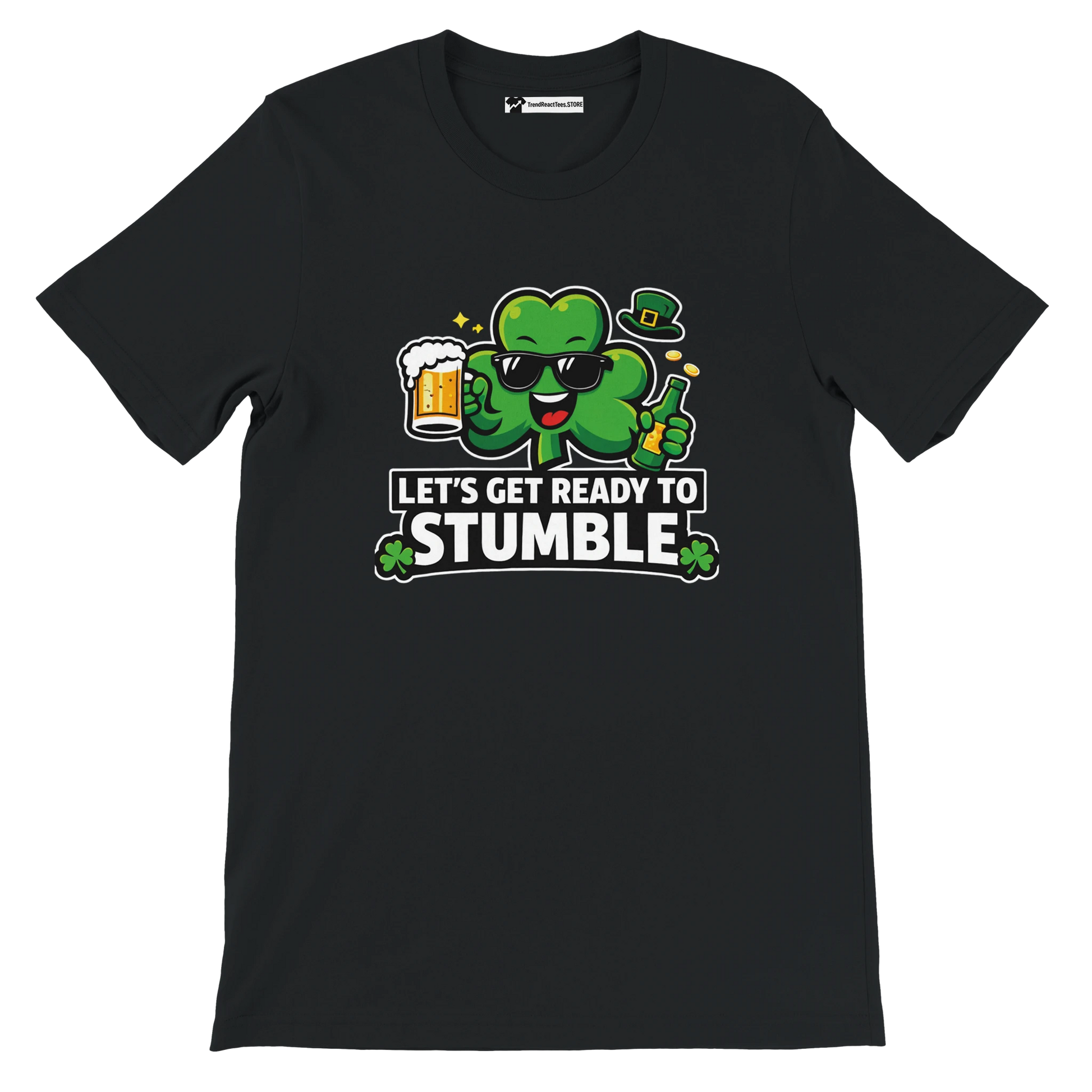 Black t-shirt with cartoon shamrock holding beer, St. Patrick's Day, 'Let's Get Ready to Stumble' text