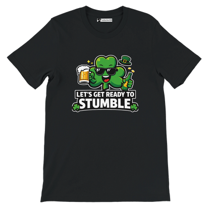 Black t-shirt with cartoon shamrock holding beer, St. Patrick's Day, 'Let's Get Ready to Stumble' text