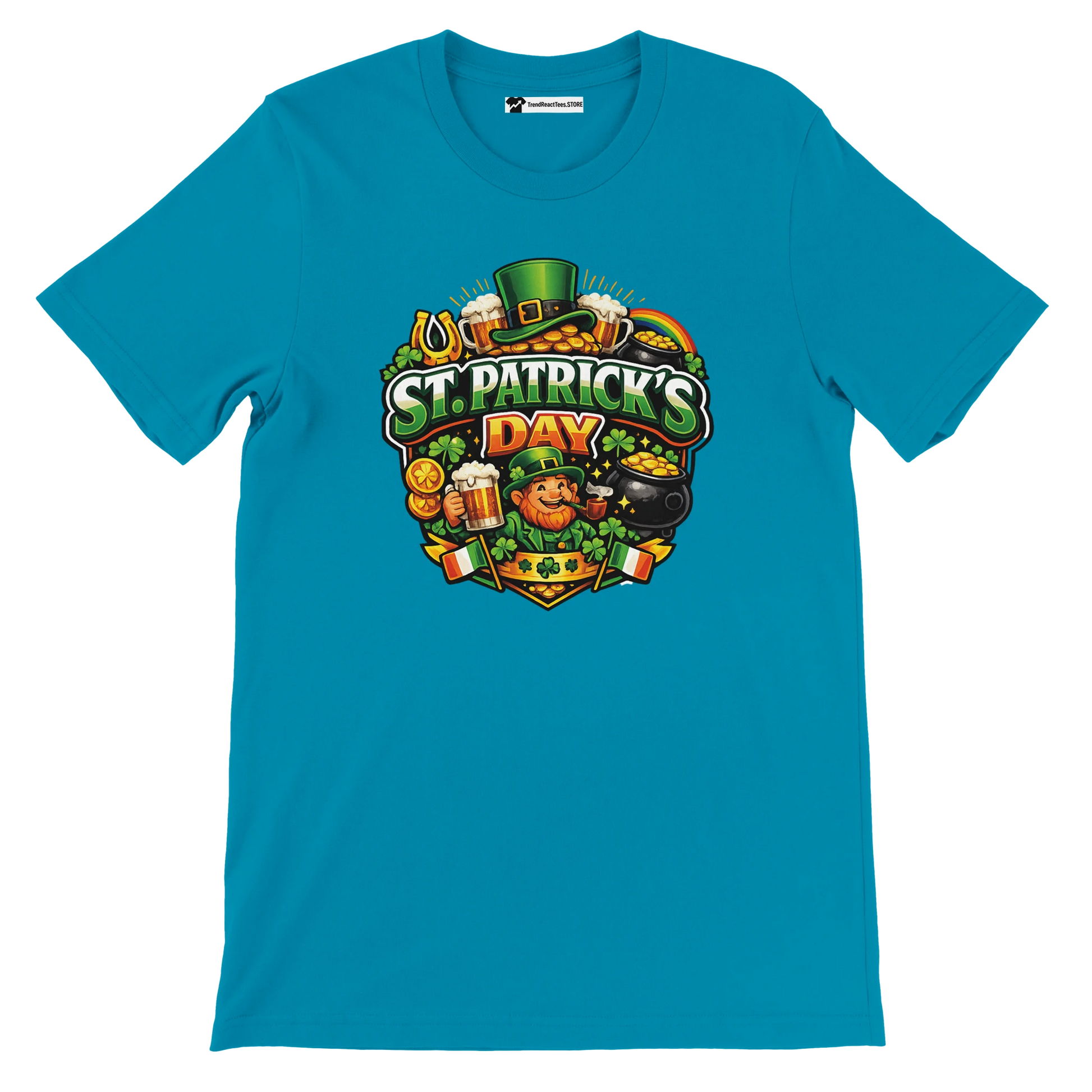 St. Patrick's Day tee with leprechaun, shamrocks, beer, and gold coins design