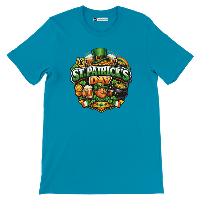 St. Patrick's Day tee with leprechaun, shamrocks, beer, and gold coins design