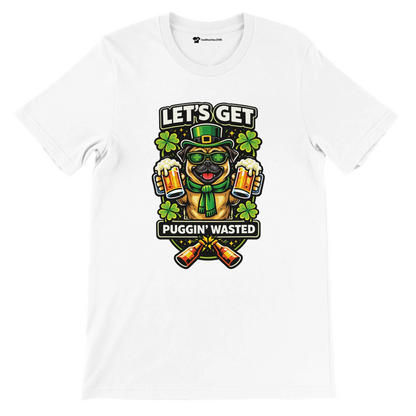 White t-shirt with St. Patrick's Day pug, shamrocks, beer mugs, and 'Puggin' Wasted' quote