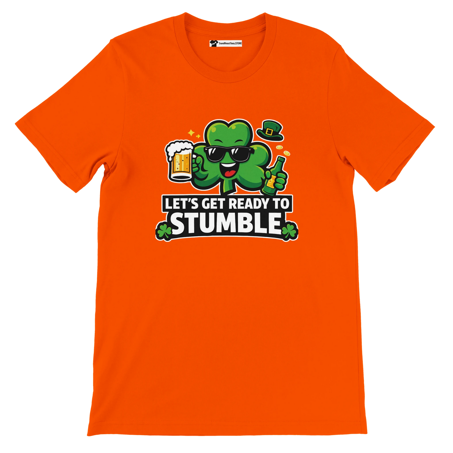 Orange t-shirt with cartoon shamrock, beer mug, and 'Let's Get Ready to Stumble' quote