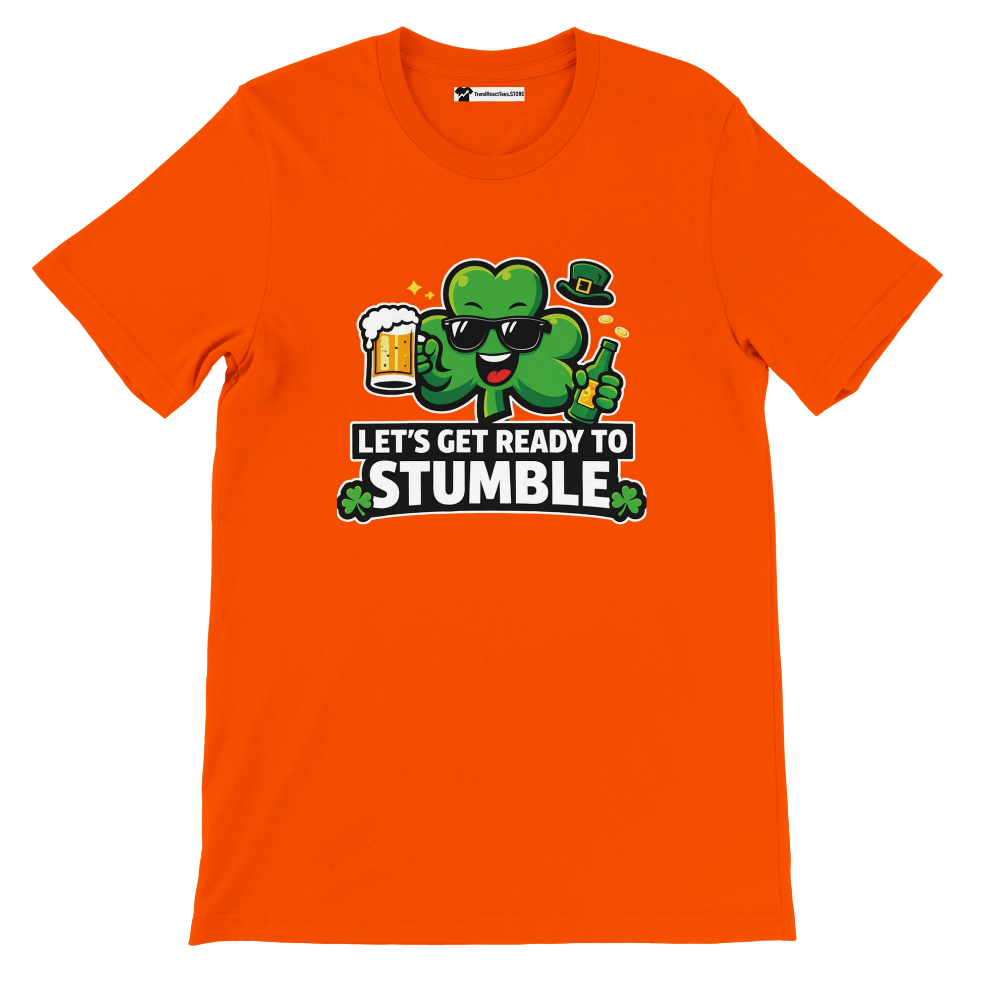 Orange t-shirt with cartoon shamrock, beer mug, and 'Let's Get Ready to Stumble' quote