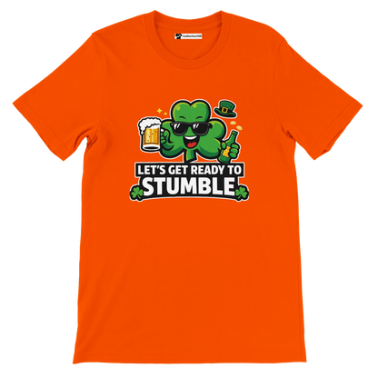 Orange t-shirt with cartoon shamrock, beer mug, and 'Let's Get Ready to Stumble' quote