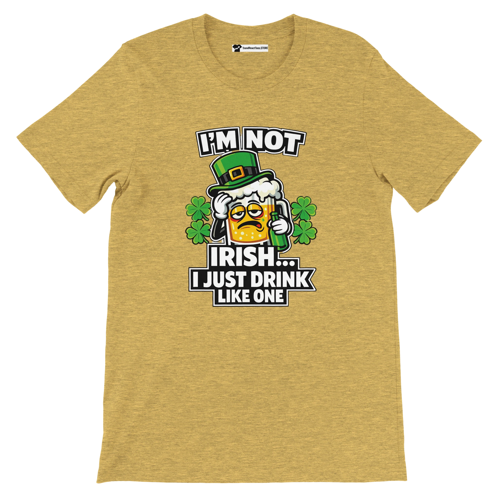 Funny St. Patrick's Day tee with beer mug graphic, shamrocks, and text 'I'm Not Irish... I Just Drink Like One'