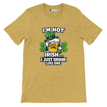 Funny St. Patrick's Day tee with beer mug graphic, shamrocks, and text 'I'm Not Irish... I Just Drink Like One'