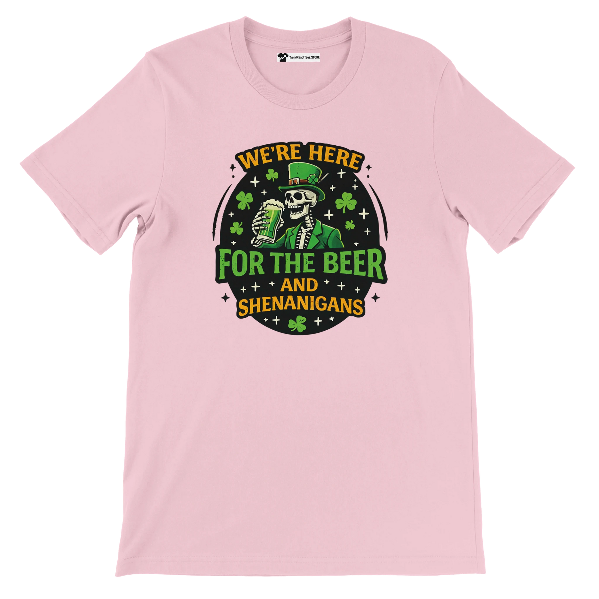 Pink t-shirt with skeleton leprechaun holding beer, shamrocks, and St. Patrick's Day quote graphic