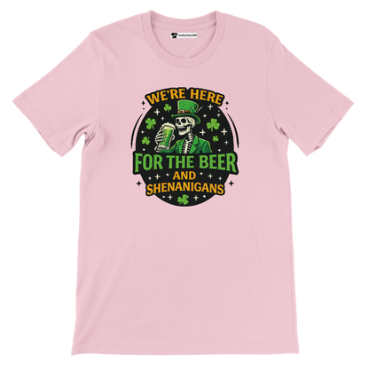 Pink t-shirt with skeleton leprechaun holding beer, shamrocks, and St. Patrick's Day quote graphic
