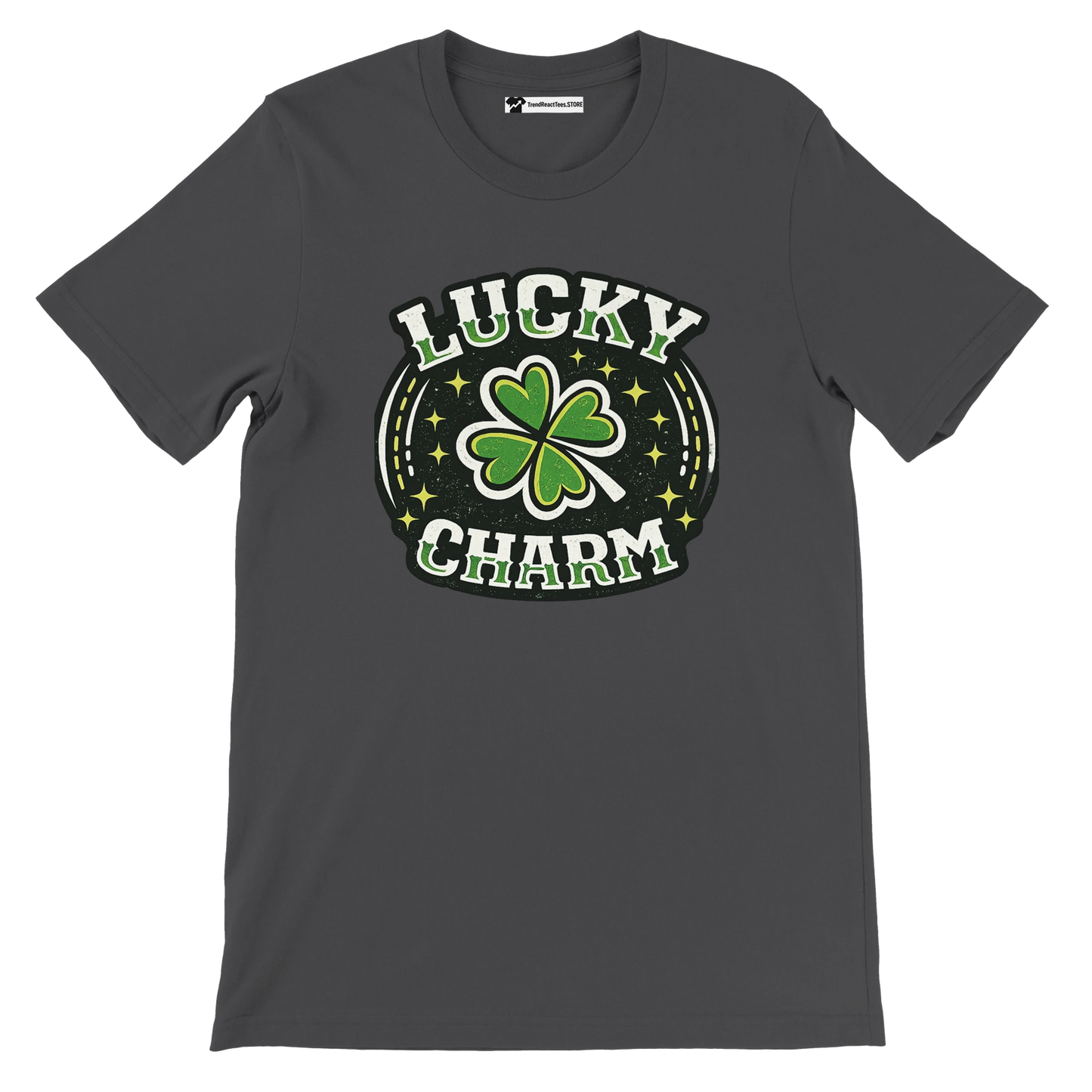 Dark gray t-shirt with 'Lucky Charm' text and green four-leaf clover graphic for St. Patrick's Day