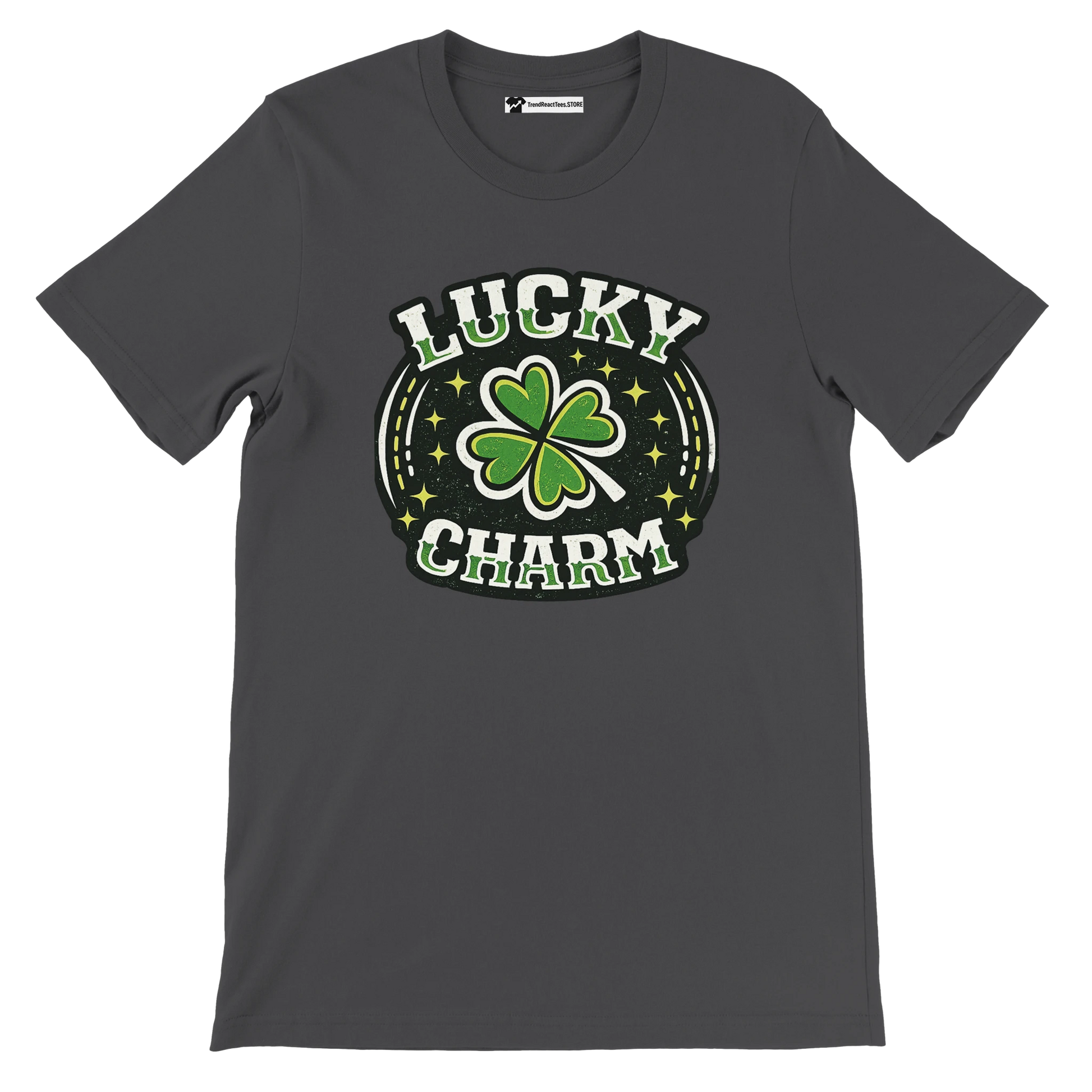 Dark gray t-shirt with 'Lucky Charm' text and green four-leaf clover graphic for St. Patrick's Day