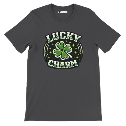Dark gray t-shirt with 'Lucky Charm' text and green four-leaf clover graphic for St. Patrick's Day