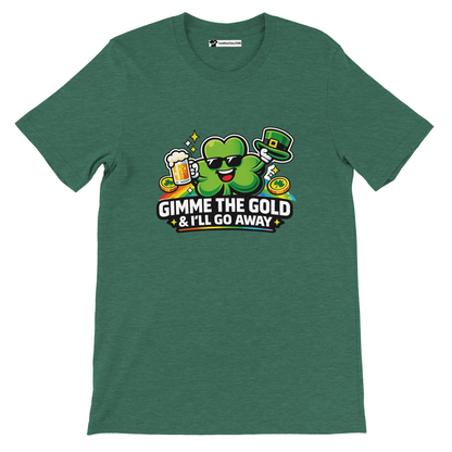 Green St. Patrick's Day tee with clover, beer, gold coins, and 'Gimme the Gold & I'll Go Away' text.