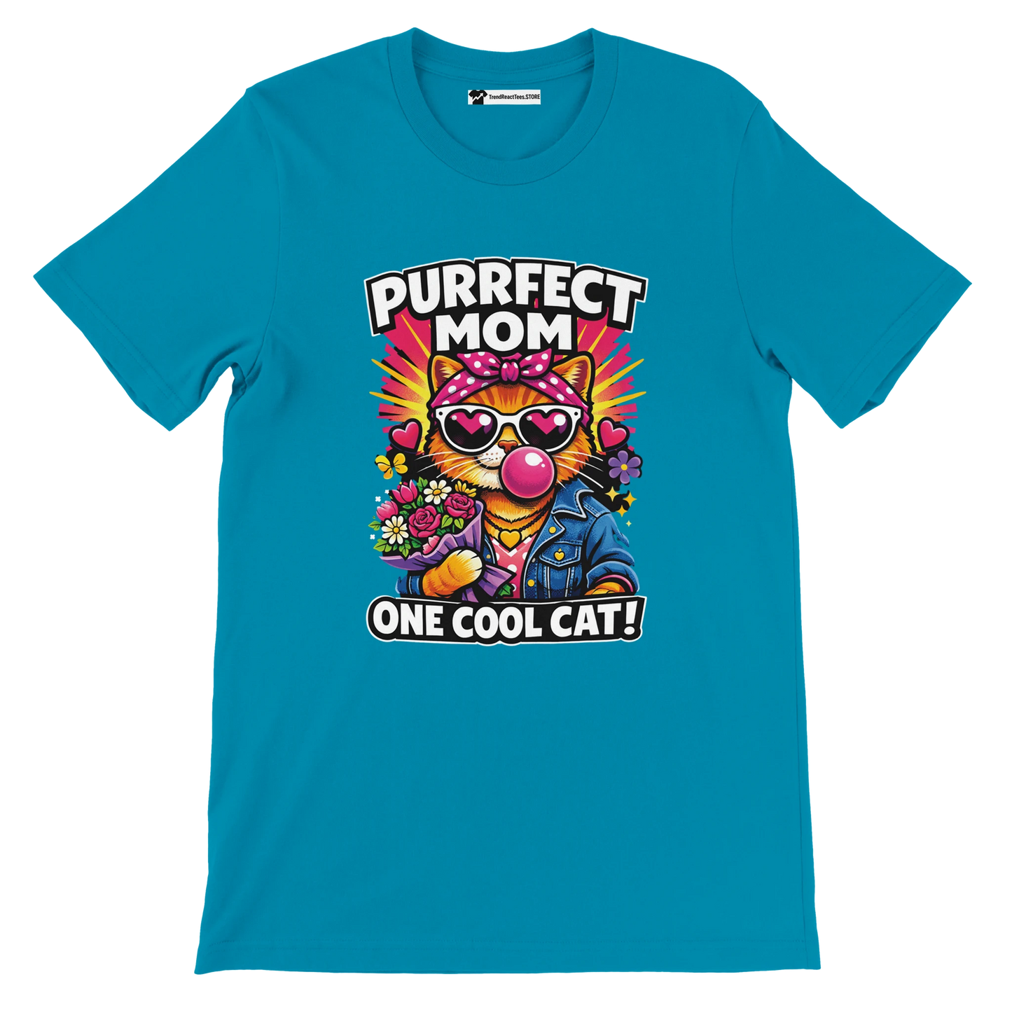 Blue t-shirt with cartoon cat in sunglasses, flowers, and text 'Purrfect Mom One Cool Cat'.