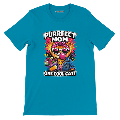 Blue t-shirt with cartoon cat in sunglasses, flowers, and text 'Purrfect Mom One Cool Cat'.