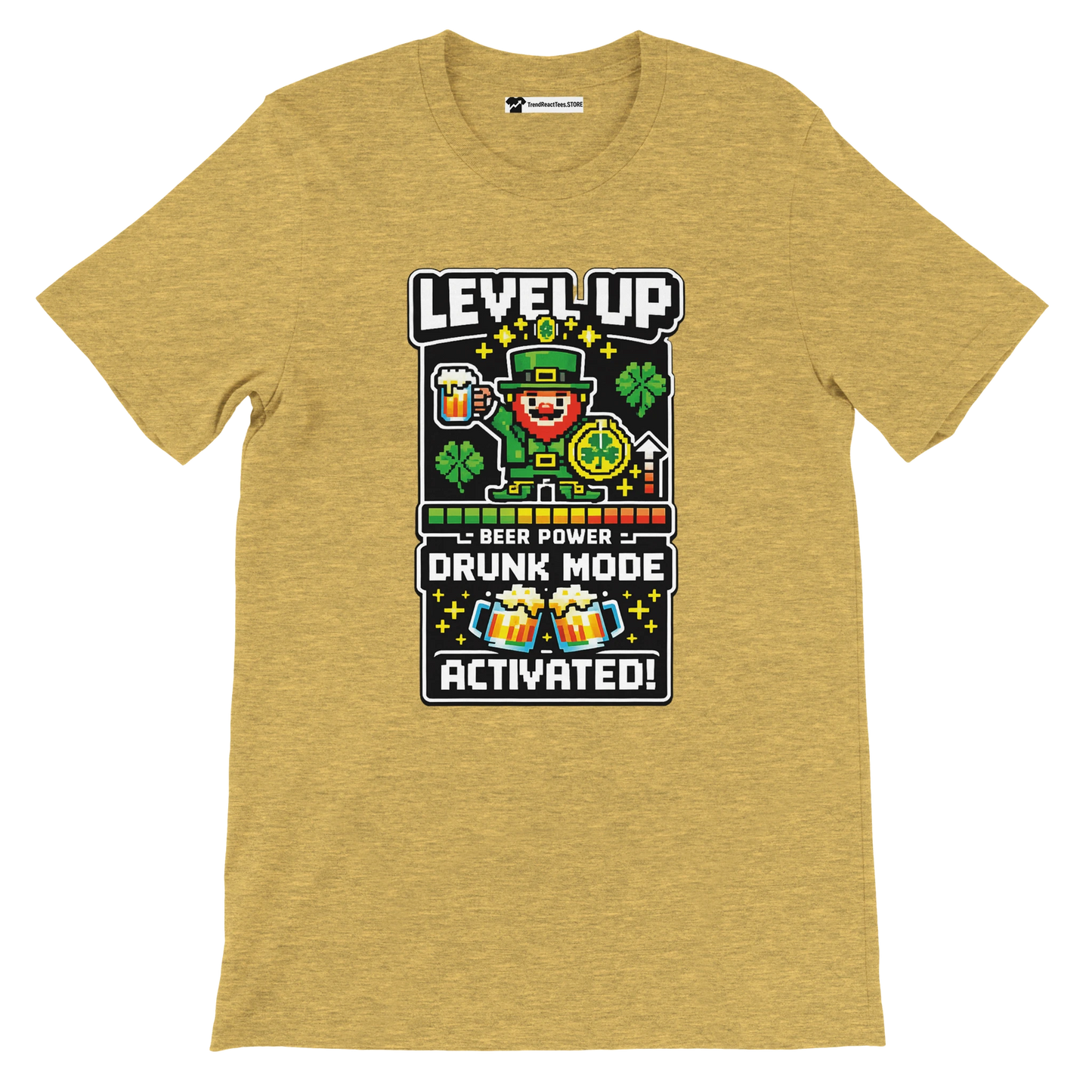 St. Patrick's Day t-shirt with pixel art leprechaun, beer, shamrocks, and 'Level Up Drunk Mode Activated' text