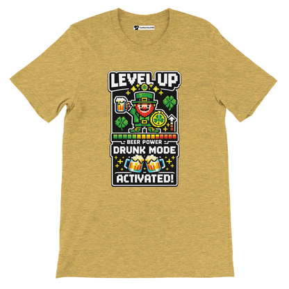 St. Patrick's Day t-shirt with pixel art leprechaun, beer, shamrocks, and 'Level Up Drunk Mode Activated' text