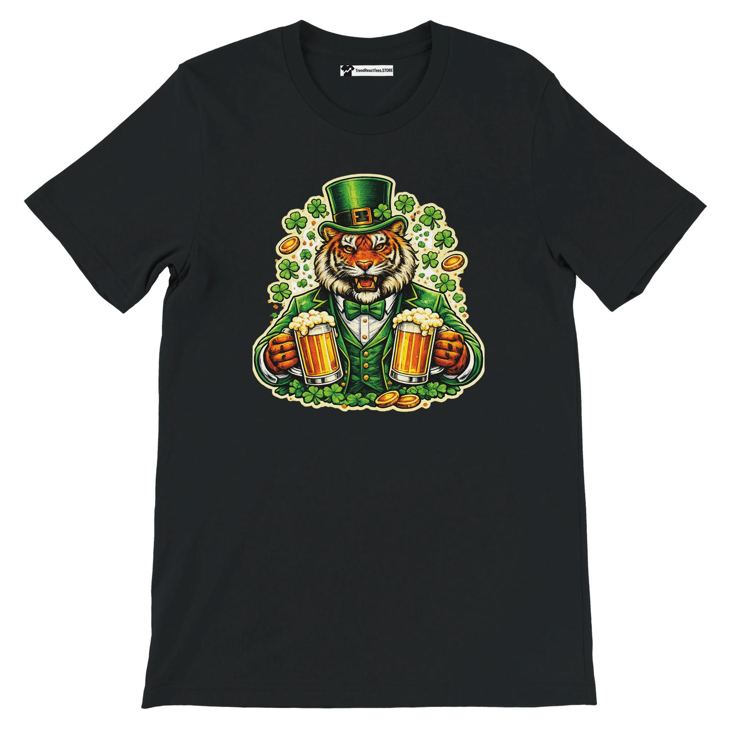 Black t-shirt with a tiger in a leprechaun outfit holding beer mugs, surrounded by shamrocks and gold coins
