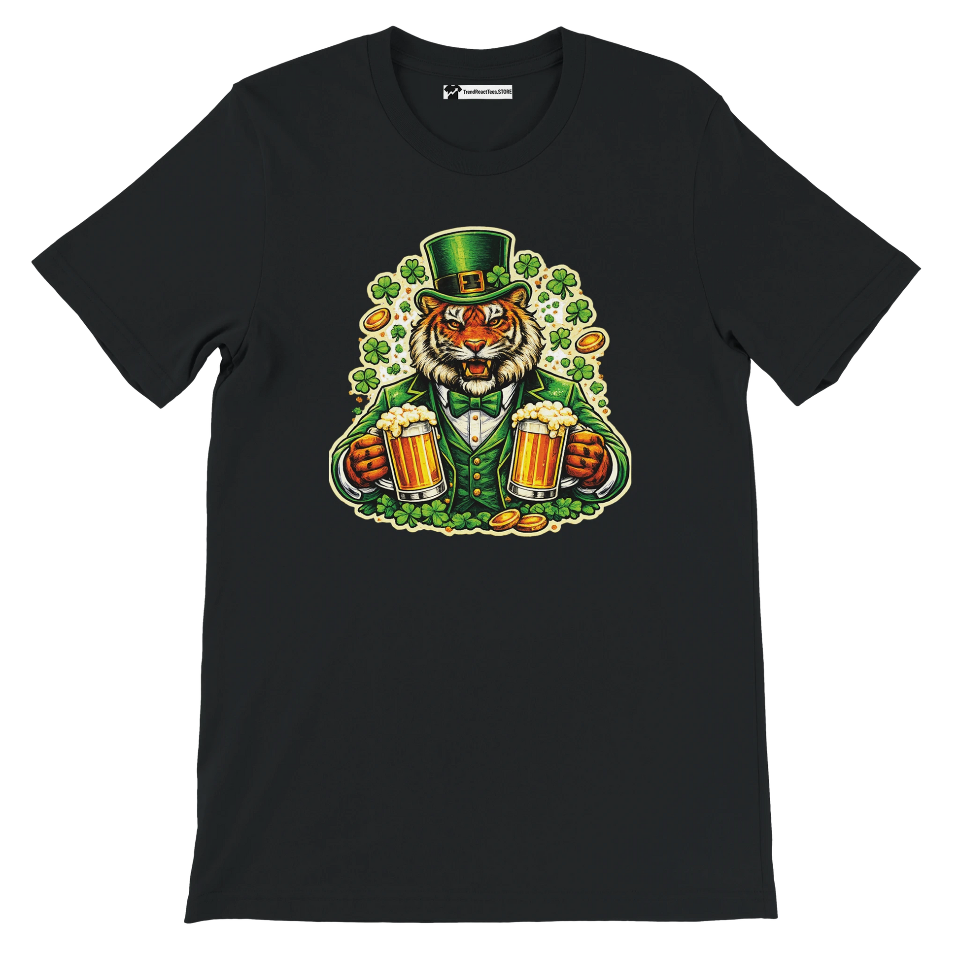 Black t-shirt with a tiger in a leprechaun outfit holding beer mugs, surrounded by shamrocks and gold coins