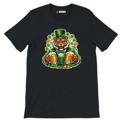 Black t-shirt with a tiger in a leprechaun outfit holding beer mugs, surrounded by shamrocks and gold coins